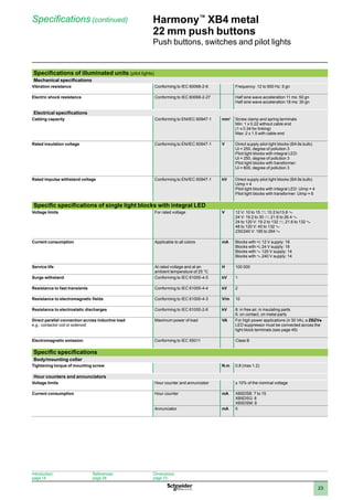 1
2
3
4
5
6
7
8
9
10
23
Harmony™
XB4 metal
22 mm push buttons
Push buttons, switches and pilot lights
Specifications (continued)
Specifications of illuminated units (pilot lights)
Mechanical specifications
Vibration resistance Conforming to IEC 60068-2-6 Frequency: 12 to 500 Hz: 5 gn
Electric shock resistance Conforming to IEC 60068-2-27 Half sine wave acceleration 11 ms: 50 gn
Half sine wave acceleration 18 ms: 30 gn
Electrical specifications
Cabling capacity Conforming to EN/IEC 60947-1 mm2
Screw clamp and spring terminals
Min: 1 x 0.22 without cable end
(1 x 0.34 for linking)
Max: 2 x 1.5 with cable end
Rated insulation voltage Conforming to EN/IEC 60947-1 V Direct supply pilot light blocks (BA 9s bulb):
Ui = 250, degree of pollution 3
Pilot light blocks with integral LED:
Ui = 250, degree of pollution 3
Pilot light blocks with transformer:
Ui = 600, degree of pollution 3
Rated impulse withstand voltage Conforming to EN/IEC 60947-1 kV Direct supply pilot light blocks (BA 9s bulb):
Uimp = 4
Pilot light blocks with integral LED: Uimp = 4
Pilot light blocks with transformer: Uimp = 6
Specific specifications of single light blocks with integral LED
Voltage limits For rated voltage V 12 V: 10 to 15 c; 10.2 to13.8 a
24 V: 19.2 to 30 c; 21.6 to 26.4 a
24 to 120 V: 19.2 to 132 c; 21.6 to 132 a
48 to 120 V: 40 to 132 a
230/240 V: 195 to 264 a
Current consumption Applicable to all colors mA Blocks with z 12 V supply: 18
Blocks with z 24 V supply: 18
Blocks with a 120 V supply: 14
Blocks with a 240 V supply: 14
Service life At rated voltage and at an
ambient temperature of 25 °C
H 100 000
Surge withstand Conforming to IEC 61000-4-5 kV 1
Resistance to fast transients Conforming to IEC 61000-4-4 kV 2
Resistance to electromagnetic fields Conforming to IEC 61000-4-3 V/m 10
Resistance to electrostatic discharges Conforming to IEC 61000-2-6 kV 8: in free air, in insulating parts
6: on contact, on metal parts
Direct parallel connection across inductive load
e.g.: contactor coil or solenoid
Maximum power of load VA For high power applications (u 30 VA), a ZBZVp
LED suppressor must be connected across the
light block terminals (see page 49)
Electromagnetic emission Conforming to IEC 55011 Class B
Specific specifications
Body/mounting collar
Tightening torque of mounting screw N.m 0.8 (max 1.2)
Hour counters and annunciators
Voltage limits Hour counter and annunciator ± 10% of the nominal voltage
Current consumption Hour counter mA XB5DSB: 7 to 15
XB5DSG: 8
XB5DSM: 8
Annunciator mA 5
Introduction:
page 14
References:
page 26
Dimensions:
page 72
 