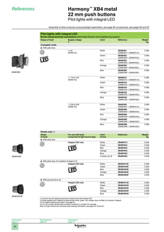 1
2
3
4
5
6
7
8
9
10
44
Harmony™
XB4 metal
22 mm push buttons
Pilot lights with integral LED
References
Pilot lights with integral LED
Screw clamp terminal connections (Schneider Electric anti-retightening system)
Shape of head Supply voltage
V
Color Reference Weight
kg
Complete units
With plain lens
b	
z 24
(50/60 Hz)
White XB4BVB1
(ZB4BVB1 + ZB4BV013)
0.080
Green XB4BVB3
(ZB4BVB3 + ZB4BV033)
0.080
Red XB4BVB4
(ZB4BVB4 + ZB4BV043)
0.080
Orange XB4BVB5
(ZB4BVB5 + ZB4BV053)
0.080
Blue XB4BVB6
(ZB4BVB6 + ZB4BV063)
0.080
a 110 to 120
(50/60 Hz)
White XB4BVG1
(ZB4BVG1 + ZB4BV013)
0.080
Green XB4BVG3
(ZB4BVG3 + ZB4BV033)
0.080
Red XB4BVG4
(ZB4BVG4 + ZB4BV043)
0.080
Orange XB4BVG5
(ZB4BVG5 + ZB4BV053)
0.080
Blue XB4BVG6
(ZB4BVG6 + ZB4BV063)
0.080
a 230 to 240
(50/60 Hz)
White XB4BVM1
(ZB4BVM1 + ZB4BV013)
0.080
Green XB4BVM3
(ZB4BVM3 + ZB4BV033)
0.080
Red XB4BVM4
(ZB4BVM4 + ZB4BV043)
0.080
Orange XB4BVM5
(ZB4BVM5 + ZB4BV053)
0.080
Blue XB4BVM6
(ZB4BVM6 + ZB4BV063)
0.080
Heads only (1)
Shape
of head
For use with body
comprised of light source type
Color
of lens
Reference Weight
kg
With plain lens
b	
b	 Integral LED only White ZB4BV013 0.026
Green ZB4BV033 0.026
Red ZB4BV043 0.026
Orange ZB4BV053 0.026
Blue ZB4BV063 0.026
5 colors (2) (3) ZB4BV003 0.026
With plain lens, for insertion of legend
b	 (3)
Integral LED only White ZB4BV013E 0.026
Green ZB4BV033E 0.026
Red ZB4BV043E 0.026
Orange ZB4BV053E 0.026
Blue ZB4BV063E 0.026
With grooved lens
b	 (4)
Integral LED only White ZB4BV013S 0.026
Green ZB4BV033S 0.026
Red ZB4BV043S 0.026
Orange ZB4BV053S 0.026
Blue ZB4BV063S 0.026
(1) Only for use with bodies comprised of a light source with integral LED.
(2) Head supplied with 5 different colored lenses (white, green, red, orange, blue) not fitted, for insertion of legend.
(3) For legend ordering information: see page 62.
(4) For use in bright ambient light conditions (outdoors in sunlight, for example).
Note: 
For light module and mounting collar ordering information, see pages 49, 50 and 51.
BV Rond voy.EPS
BV Rond voy.EPS
BV Rond voy.EPS
XB4BVB5
ZB4BV063
ZB4BV043S
Introduction:
page 14
Specifications:
page 20
Dimensions:
page 72
Assembly of other products using body/light assemblies, see page 56; accessories, see pages 60 and 62
 