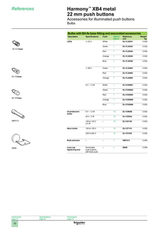 1
2
3
4
5
6
7
8
9
10
70
Harmony™
XB4 metal
22 mm push buttons
Accessories for illuminated push buttons
Bulbs
References
Introduction:
page 14
Specifications:
page 20
Dimensions:
page 72
Bulbs with BA 9s base fitting and associated accessories
Description Specifications Color Sold in
lots of
Reference
unit
Weight
kg
LEDs z 24 V White 1 DL1CJ0241 0.002
Green 1 DL1CJ0243 0.002
Red 1 DL1CJ0244 0.002
Orange 1 DL1CJ0245 0.002
Blue 1 DL1CJ0246 0.002
z 48 V Green 1 DL1CJ0483 0.002
Red 1 DL1CJ0484 0.002
Orange 1 DL1CJ0485 0.002
6 V - 1.2 W White 1 DL1CD0061 0.002
Green 1 DL1CD0063 0.002
Red 1 DL1CD0064 0.002
Orange 1 DL1CD0065 0.002
Blue 1 DL1CD0066 0.002
Incandescent
bulbs
6 V - 1.2 W – 10 DL1CB006 0.002
24 V - 2 W – 10 DL1CE024 0.002
120 to 130 V
2.4 W
– 10 DL1CE130 0.002
Neon bulbs 120 to 130 V – 10 DL1CF110 0.002
230 to 240 V – 10 DL1CF220 0.002
Bulb extractor – – 1 XBFX13 0.005
Lens cap
tightening tool
Illuminated
push buttons,
with flush push
– 1 ZBZ8 0.009
DL1CJ0•••-PRO-3-M
DL1CJ0ppp
DL1CE•••-PRO-3-M
DL1CEppp
DL1CF••0-PRO-3-M
DL1CFppp
XBFX13-PRO-3-M
XBFX13
ZBZ8-PRO-3-M
ZBZ8
 