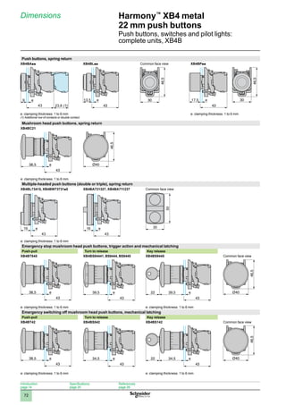 1
2
3
4
5
6
7
8
9
10
72
Harmony™
XB4 metal
22 mm push buttons
Push buttons, switches and pilot lights:
complete units, XB4B
Dimensions
Push buttons, spring return
XB4BApp XB4BLpp Common face view XB4BPpp
e: clamping thickness: 1 to 6 mm
(1) Additional row of contacts or double contact.
e: clamping thickness: 1 to 6 mm
Mushroom head push buttons, spring return
XB4BC21
e: clamping thickness: 1 to 6 mm
Multiple-headed push buttons (double or triple), spring return
XB4BL73415, XB4BW73731p5 XB4BA731327, XB4BA711237 Common face view
43
16 e
43
16 e
50
30
e: clamping thickness: 1 to 6 mm
Emergency stop mushroom head push buttons, trigger action and mechanical latching
Push-pull Turn to release Key release
XB4BT845 XB4BS84441, BS8444, BS8445 XB4BS9445 Common face view
e: clamping thickness: 1 to 6 mm e: clamping thickness: 1 to 6 mm
Emergency switching off mushroom head push buttons, mechanical latching
Push-pull Turn to release Key release
XB4BT42 XB4BS542 XB4BS142 Common face view
e: clamping thickness: 1 to 6 mm e: clamping thickness: 1 to 6 mm
43
9 e
23,6 (1)
XB4BL•-ENC-2-B
43
13,5 e 30
46,5
XB4BP••-ENC-2-B
43
17,5 e 30
46,5
43
38,5 e
XB4BT42-ENC-2-M-2
Ø40
46,5
43
38,5 e
43
39,5 e
43
39,5
22 e
XB4BT42-ENC-2-M-2
Ø40
46,5
43
38,5 e
43
34,5 e
43
34,5
22 e
XB4BT42-ENC-2-M-2
Ø40
46,5
Introduction:
page 14
Specifications:
page 20
References:
page 26
 