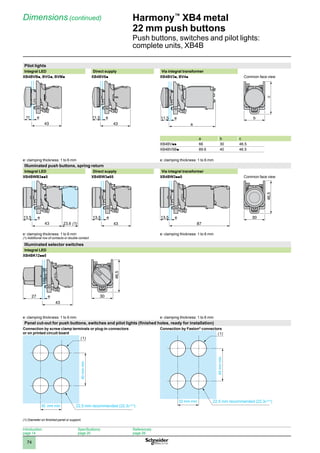 1
2
3
4
5
6
7
8
9
10
74
Harmony™
XB4 metal
22 mm push buttons
Push buttons, switches and pilot lights:
complete units, XB4B
Dimensions (continued)
Pilot lights
Integral LED Direct supply Via integral transformer
XB4BVBp, BVGp, BVMp XB4BV6p XB4BV3p, BV4p Common face view
a b c
XB4BVpp 66 30 46.5
XB4BV5Bp 89.6 40 46.5
e: clamping thickness: 1 to 6 mm e: clamping thickness: 1 to 6 mm
Illuminated push buttons, spring return
Integral LED Direct supply Via integral transformer
XB4BWB3pp5 XB4BW3p65 XB4BW3pp5 Common face view
e: clamping thickness: 1 to 6 mm
(1) Additional row of contacts or double contact
e: clamping thickness: 1 to 6 mm
Illuminated selector switches
Integral LED
XB4BK12pp5
43
27 e 30
46,5
e: clamping thickness: 1 to 6 mm e: clamping thickness: 1 to 6 mm
Panel cut-out for push buttons, switches and pilot lights (finished holes, ready for installation)
Connection by screw clamp terminals or plug-in connectors
or on printed circuit board
Connection by Faston®
connectors
(1) Diameter on finished panel or support.
43
11 e
43
11,5 e
XB4-BV6•-ENC-2-B
a
11,5 e
XB4-BVB•-ENC-2-M
b
c
43
13,5 e
23,6 (1)
XB4BW3•65-ENC-2-B
43
13,5 e
87
13,5 e 30
46,5
(1)
30 mm min
40
mm
min
22.5 mm recommended (22.30+0.4
)
(1)
32 mm min
45
mm
min
22.5 mm recommended (22.30+0.4
)
Introduction:
page 14
Specifications:
page 20
References:
page 26
 
