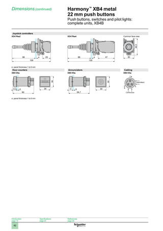 1
2
3
4
5
6
7
8
9
10
82
Introduction:
page 14
Specifications:
page 20
References:
page 26
Harmony™
XB4 metal
22 mm push buttons
Push buttons, switches and pilot lights:
complete units, XB4B
Dimensions (continued)
Joystick controllers
XD4 PAp2 XD4 PAp4 Common face view
e: panel thickness 1 to 6 mm
Hour counters Annunciators Cabling
XB5 DSp XB5 KSp XB5 KSp
e: panel thickness 1 to 6 mm
109
66 e 23
133
66 47
e 30
46,5
60
11,5 e 30
30
60
11,5 e 30
30
59,7
11 e 30
30
59,7
11 e 30
30
1
3
2
+
+
Intermittent
Continuous
 