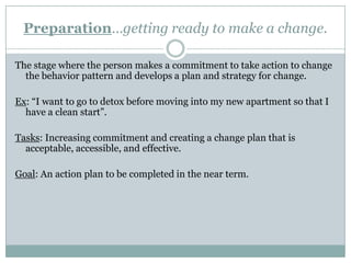 Precontemplation…notseriouslyconsidering changeThere is little or no consideration of change in the foreseeable future.Ex: “I don’t have a problem- you’re my problem!”Tasks: Increase awareness of need for change and concern about the current pattern of behavior; envision possibility of change. Goal: Serious consideration of change for this behavior.