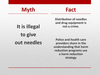 Myth
It is illegal
to give
out needles
Fact
Distribution of needles
and drug equipment is
not a crime.
Police and health care
providers share in the
understanding that harm
reduction programs use
a harm reduction
strategy
 
