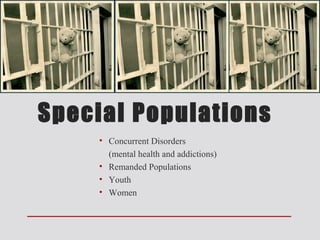 Special Populations
     • Concurrent Disorders
       (mental health and addictions)
     • Remanded Populations
     • Youth
     • Women
 