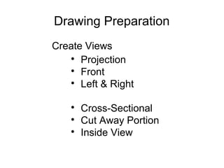 Drawing Preparation
Create Views

Projection

Front

Left & Right

Cross-Sectional

Cut Away Portion

Inside View
 