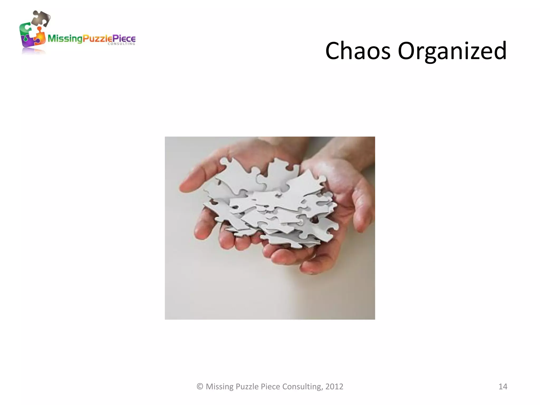 Chaos Organized




© Missing Puzzle Piece Consulting, 2012         14
 