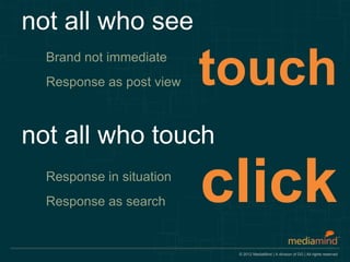 not all who see
  Brand not immediate
  Response as post view   touch
not all who touch
  Response in situation
  Response as search      click
                           © 2012 MediaMind | A division of DG | All rights reserved
 