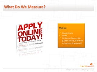 What Do We Measure?



                      Metrics:

                       Impressions
                       Clicks
                       In-Banner Conversion
                        (Data Capture, Brochure
                        / Coupons Downloads)




                             © 2012 MediaMind | A division of DG | All rights reserved
 