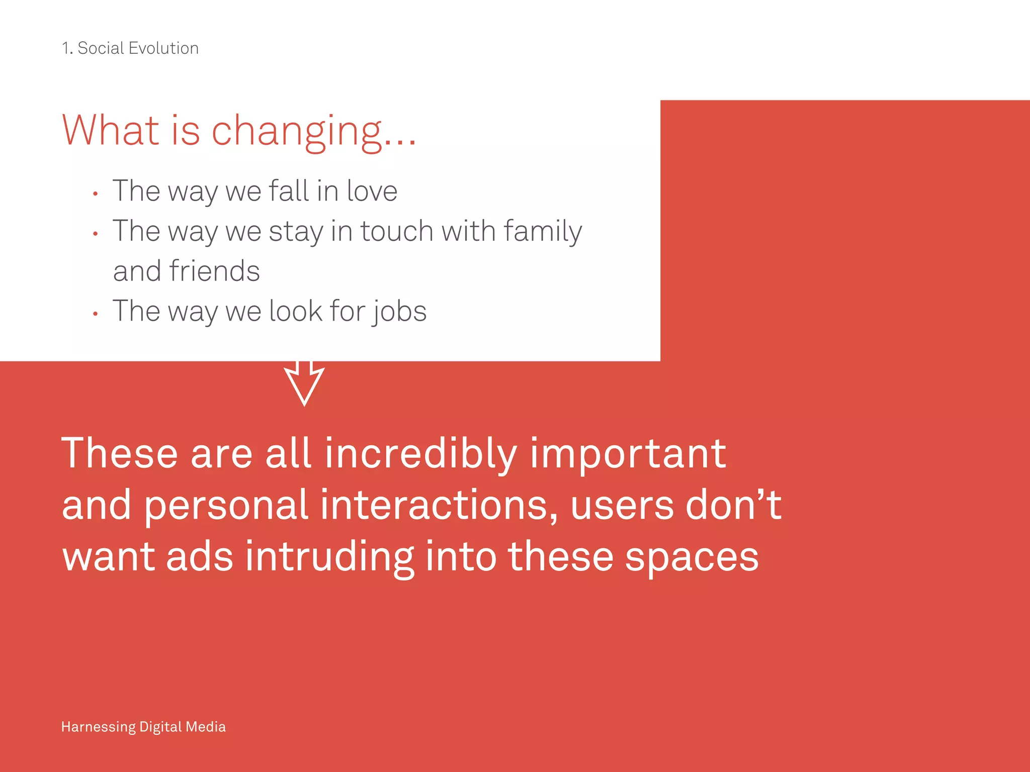 Harnessing Digital Media
What is changing…
	 	The way we fall in love
	 	The way we stay in touch with family
and friends
	 	The way we look for jobs
These are all incredibly important
and personal interactions, users don’t
want ads intruding into these spaces
Harnessing Digital Media
1. Social Evolution
 