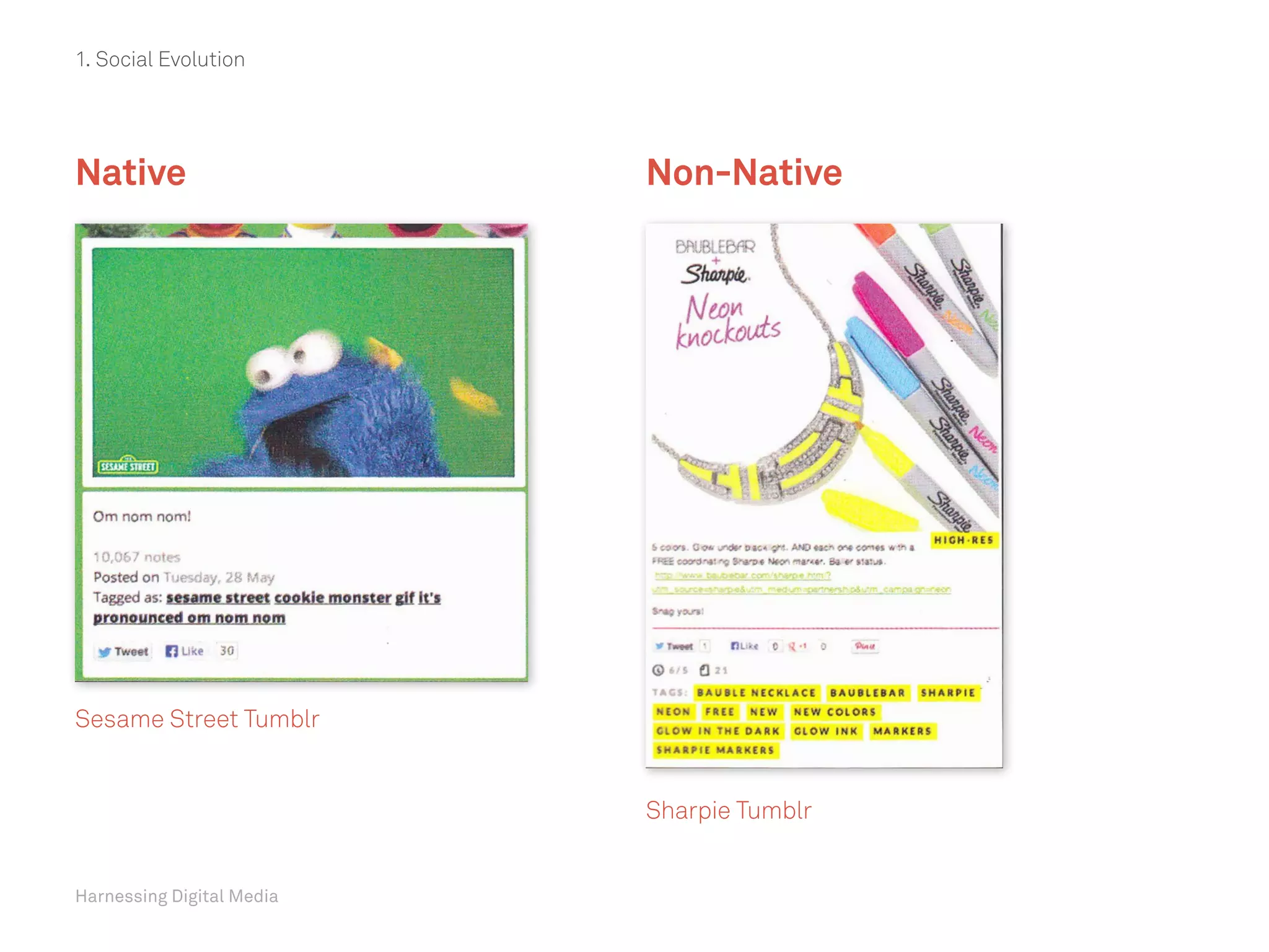 Harnessing Digital Media
Native
Sesame Street Tumblr
Sharpie Tumblr
Non-Native
1. Social Evolution
 