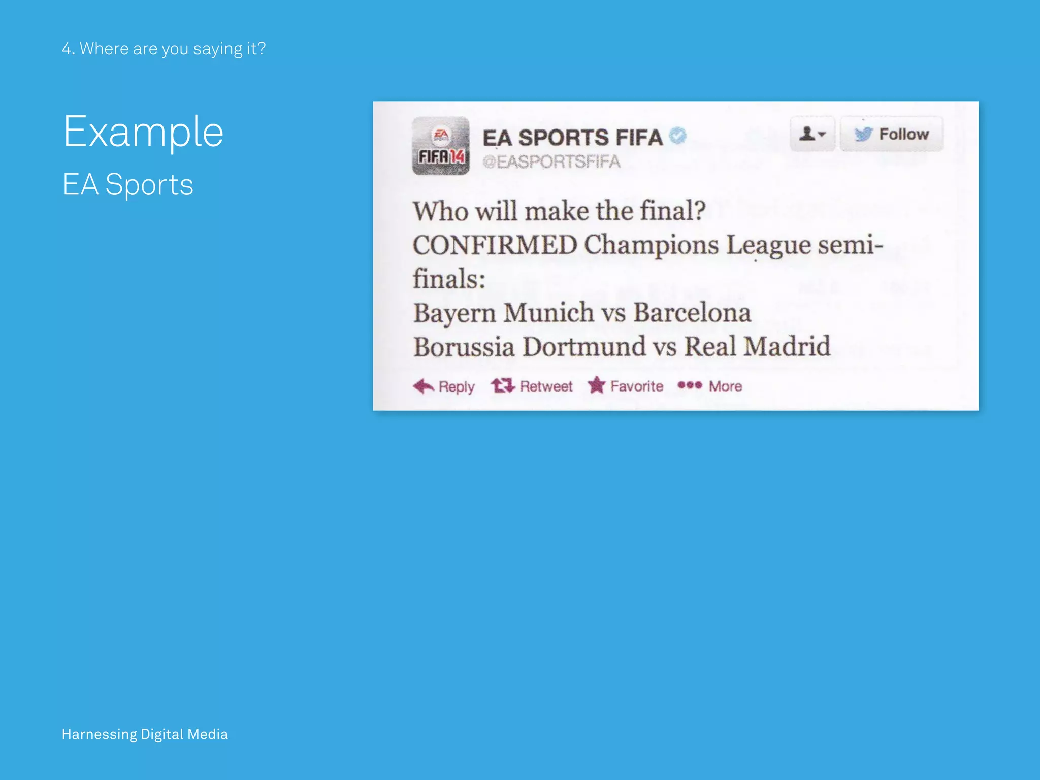 Harnessing Digital Media
4. Where are you saying it?4. Where are you saying it?
Harnessing Digital Media
Example
EA Sports
 