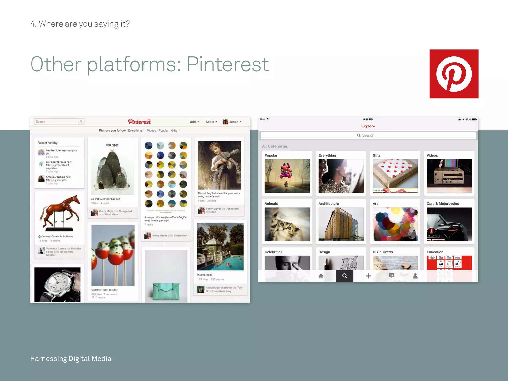 Harnessing Digital Media
4. Where are you saying it?
Other platforms: Pinterest
Harnessing Digital MediaHarnessing Digital MediaHarnessing Digital Media
 