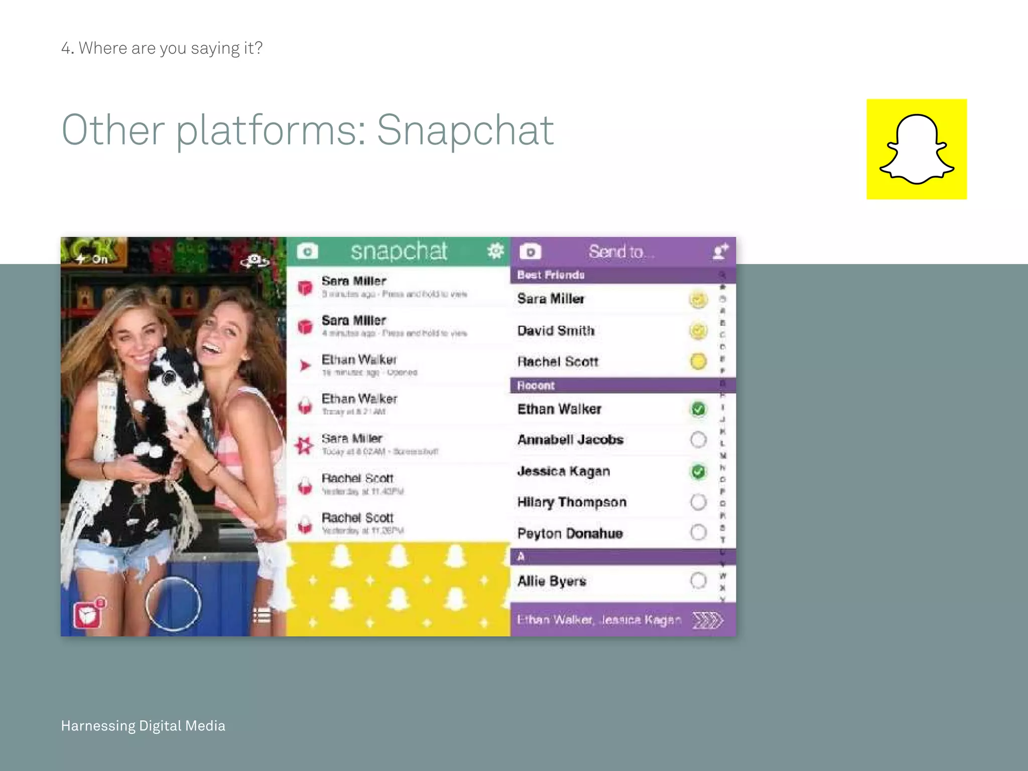 Harnessing Digital Media
4. Where are you saying it?
Other platforms: Snapchat
Harnessing Digital Media
 