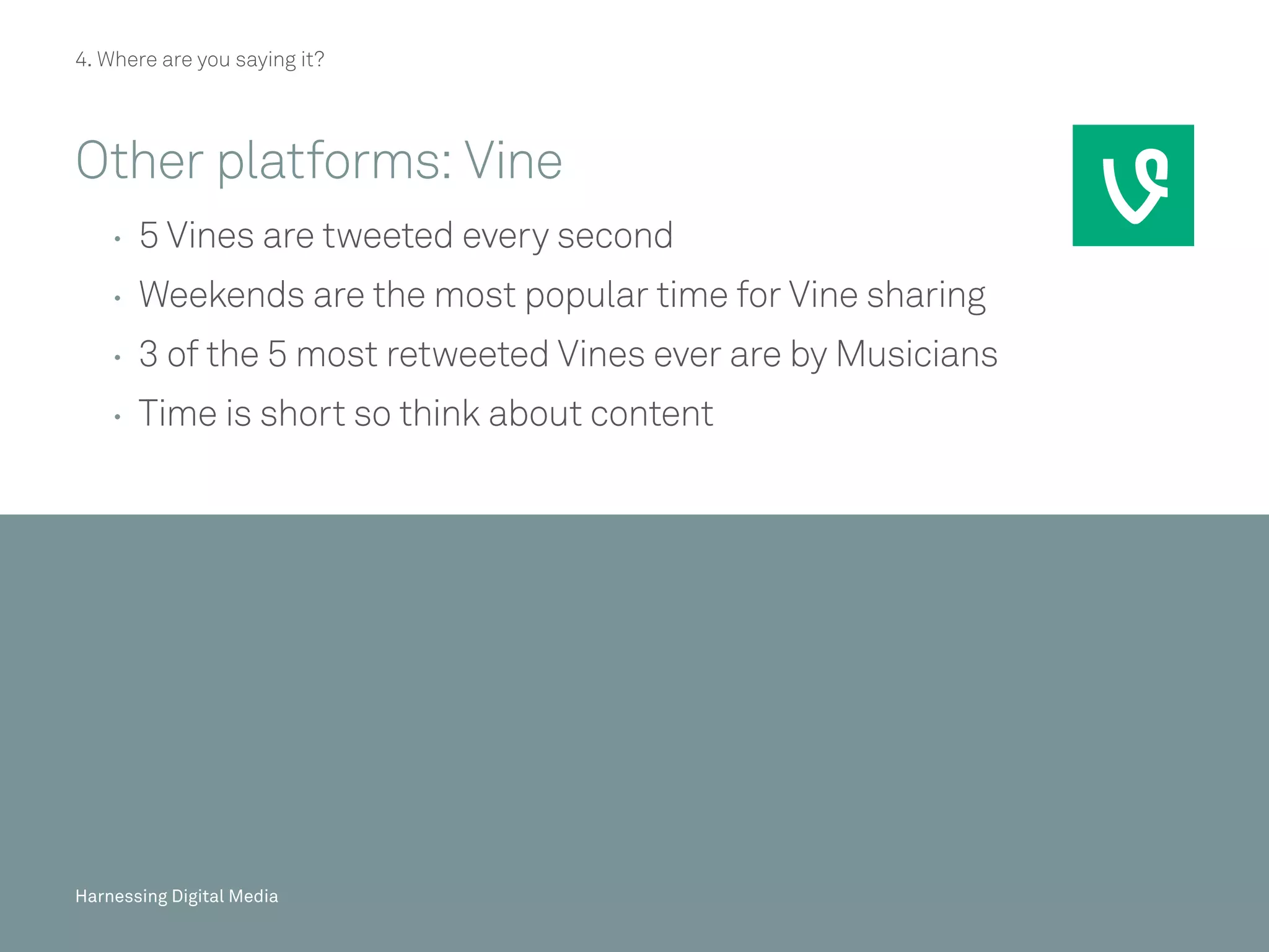 Harnessing Digital Media
4. Where are you saying it?
Other platforms: Vine
	 	5 Vines are tweeted every second
	 	Weekends are the most popular time for Vine sharing
	 	3 of the 5 most retweeted Vines ever are by Musicians
	 	Time is short so think about content
50/20Harnessing Digital Media 50/20Harnessing Digital Media 50/20Harnessing Digital MediaHarnessing Digital Media
 