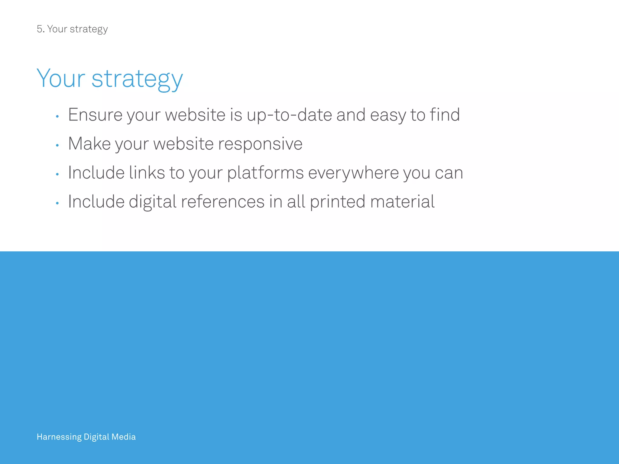 Harnessing Digital Media
5. Your strategy
Your strategy
	 	Ensure your website is up-to-date and easy to find
	 	Make your website responsive
	 	Include links to your platforms everywhere you can
	 	Include digital references in all printed material
53/20Harnessing Digital Media 53/20Harnessing Digital Media 53/20Harnessing Digital Media 53/20Harnessing Digital MediaHarnessing Digital Media
 