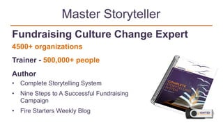 Master Storyteller
Fundraising Culture Change Expert  
4500+ organizations
Trainer - 500,000+ people
Author
• Complete Storytelling System
• Nine Steps to A Successful Fundraising  
Campaign
• Fire Starters Weekly Blog
 