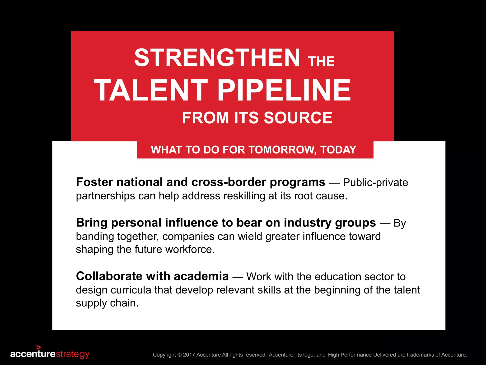 Copyright © 2017 Accenture All rights reserved. Accenture, its logo, and High Performance Delivered are trademarks of Accenture.
Foster national and cross-border programs — Public-private
partnerships can help address reskilling at its root cause.
Bring personal influence to bear on industry groups — By
banding together, companies can wield greater influence toward
shaping the future workforce.
Collaborate with academia — Work with the education sector to
design curricula that develop relevant skills at the beginning of the talent
supply chain.
STRENGTHEN THE
TALENT PIPELINE
FROM ITS SOURCE
WHAT TO DO FOR TOMORROW, TODAY
 