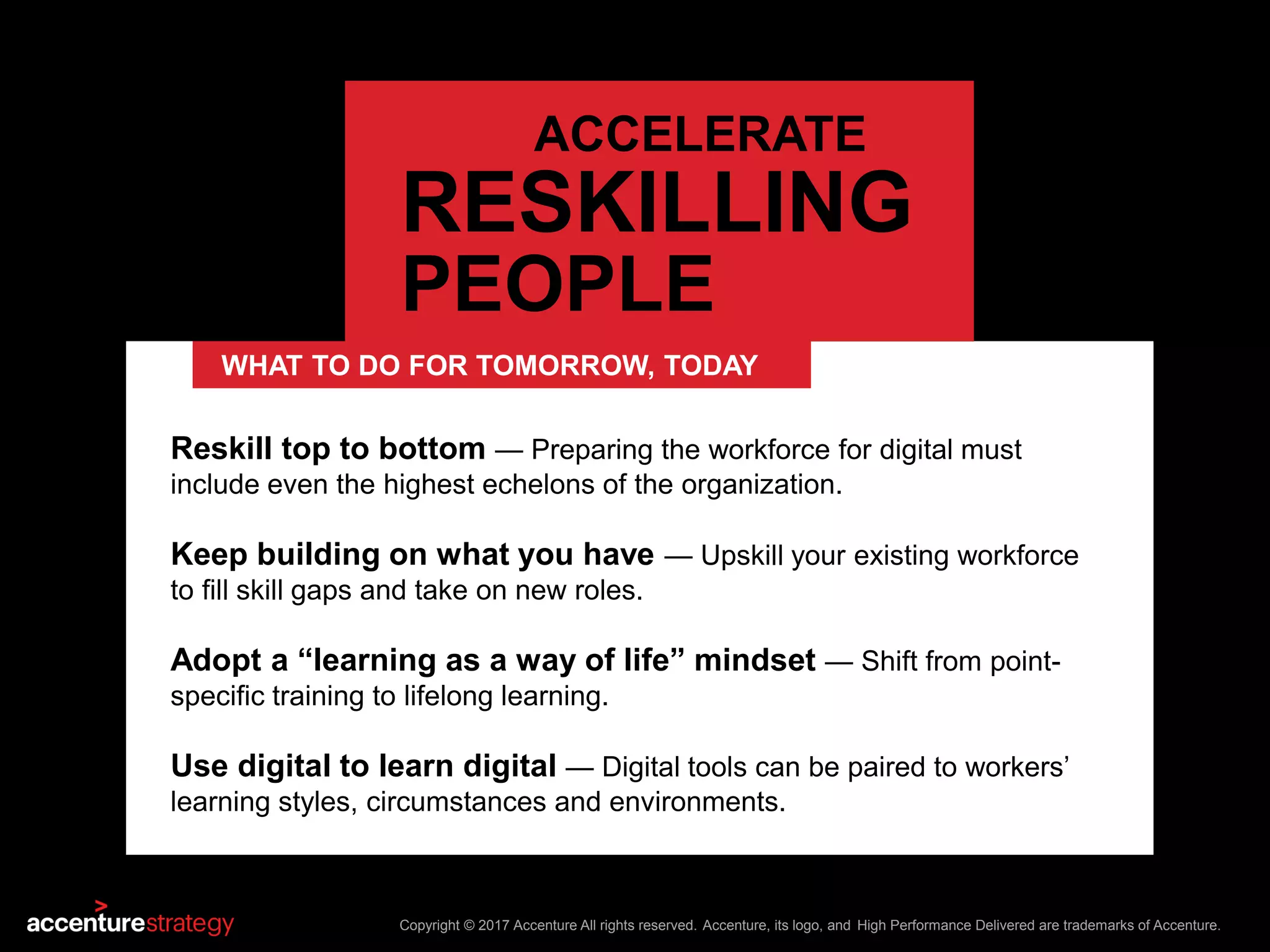 Copyright © 2017 Accenture All rights reserved. Accenture, its logo, and High Performance Delivered are trademarks of Accenture.
Reskill top to bottom — Preparing the workforce for digital must
include even the highest echelons of the organization.
Keep building on what you have — Upskill your existing workforce
to fill skill gaps and take on new roles.
Adopt a “learning as a way of life” mindset — Shift from point-
specific training to lifelong learning.
Use digital to learn digital — Digital tools can be paired to workers’
learning styles, circumstances and environments.
ACCELERATE
RESKILLING
PEOPLE
WHAT TO DO FOR TOMORROW, TODAY
 