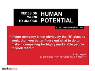 EXECUTIVE PERSPECTIVE
HUMAN
POTENTIAL
REDESIGN
WORK
TO UNLOCK
If your company is not obviously the “it” place to
work, the...