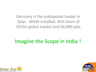 Imagine the Scope in India !
Germany is the undisputed Leader in
Solar. 36GW installed, 46% share of
$91bn global market and 56,000 jobs
 