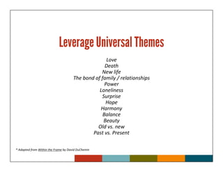 Leverage Universal Themes
                                                     Love
                                                    Death
                                                  New life
                                      The bond of family / relationships
                                                    Power
                                                 Loneliness
                                                  Surprise
                                                    Hope
                                                 Harmony
                                                   Balance
                                                   Beauty
                                                Old vs. new
                                              Past vs. Present

* Adapted from Within the Frame by David DuChemin
 