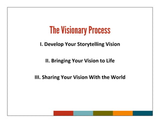 The Visionary Process
  I. Develop Your Storytelling Vision

    II. Bringing Your Vision to Life

III. Sharing Your Vision With the World
 