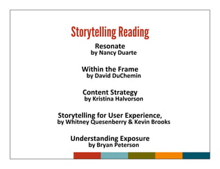 Storytelling Reading
            Resonate
          by Nancy Duarte

       Within the Frame
         by David DuChemin

        Content Strategy
        by Kristina Halvorson

Storytelling for User Experience,
by Whitney Quesenberry & Kevin Brooks

    Understanding Exposure
          by Bryan Peterson
 