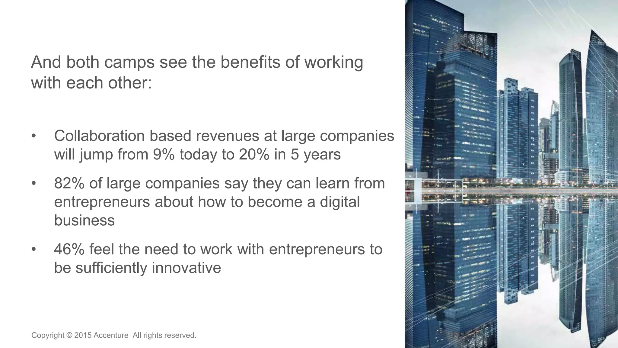 4Copyright © 2015 Accenture All rights reserved.
And both camps see the benefits of working
with each other:
• Collaboration based revenues at large companies
will jump from 9% today to 20% in 5 years
• 82% of large companies say they can learn from
entrepreneurs about how to become a digital
business
• 46% feel the need to work with entrepreneurs to
be sufficiently innovative
 