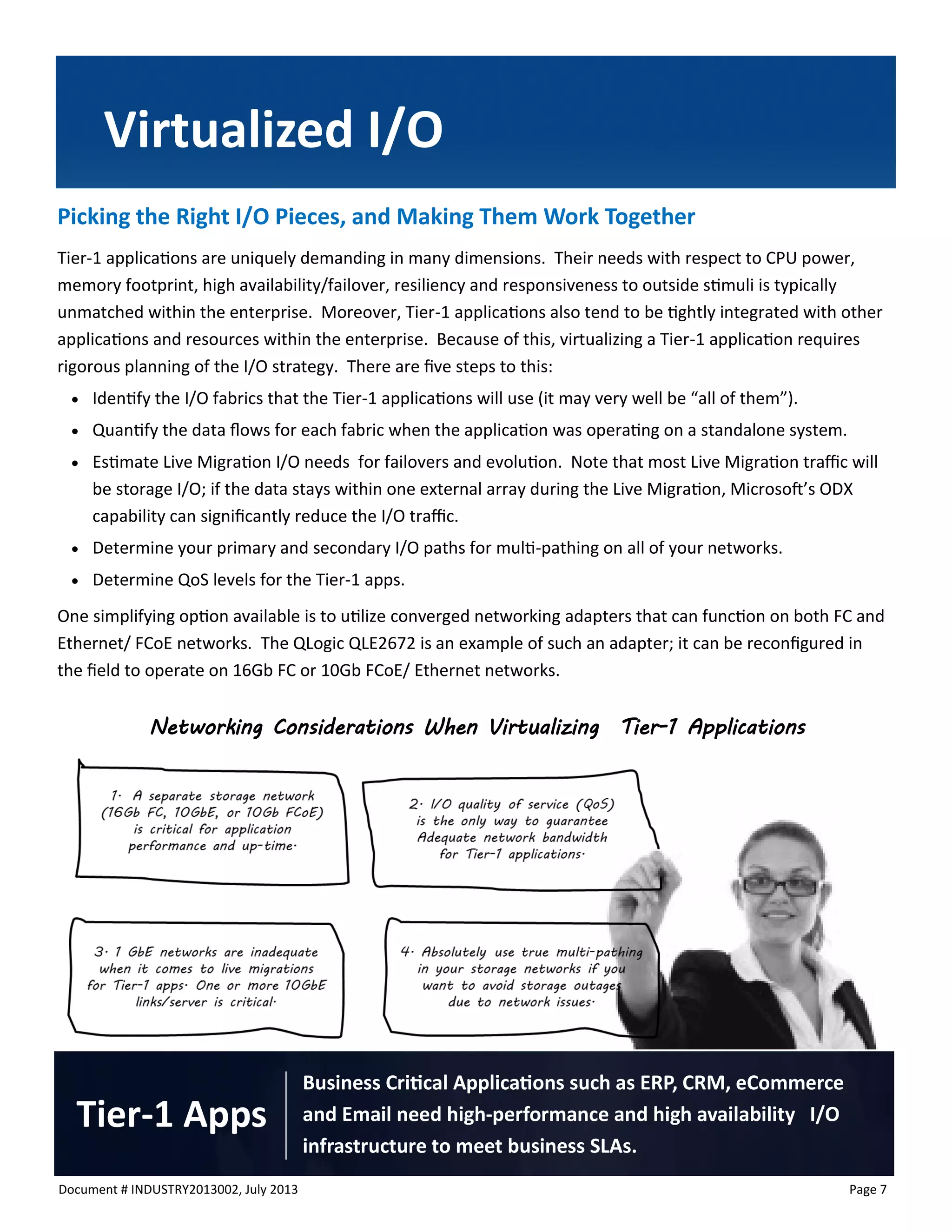 Document # INDUSTRY2013002, July 2013 
Page 7 
Picking the Right I/O Pieces, and Making Them Work Together 
Tier-1 applications are uniquely demanding in many dimensions. Their needs with respect to CPU power, memory footprint, high availability/failover, resiliency and responsiveness to outside stimuli is typically unmatched within the enterprise. Moreover, Tier-1 applications also tend to be tightly integrated with other applications and resources within the enterprise. Because of this, virtualizing a Tier-1 application requires rigorous planning of the I/O strategy. There are five steps to this: 
 Identify the I/O fabrics that the Tier-1 applications will use (it may very well be “all of them”). 
 Quantify the data flows for each fabric when the application was operating on a standalone system. 
 Estimate Live Migration I/O needs for failovers and evolution. Note that most Live Migration traffic will be storage I/O; if the data stays within one external array during the Live Migration, Microsoft’s ODX capability can significantly reduce the I/O traffic. 
 Determine your primary and secondary I/O paths for multi-pathing on all of your networks. 
 Determine QoS levels for the Tier-1 apps. 
One simplifying option available is to utilize converged networking adapters that can function on both FC and Ethernet/ FCoE networks. The QLogic QLE2672 is an example of such an adapter; it can be reconfigured in the field to operate on 16Gb FC or 10Gb FCoE/ Ethernet networks. 
Virtualized I/O 
Business Critical Applications such as ERP, CRM, eCommerce and Email need high-performance and high availability I/O infrastructure to meet business SLAs. 
Tier-1 Apps 
Networking Considerations When Virtualizing Tier-1 Applications  