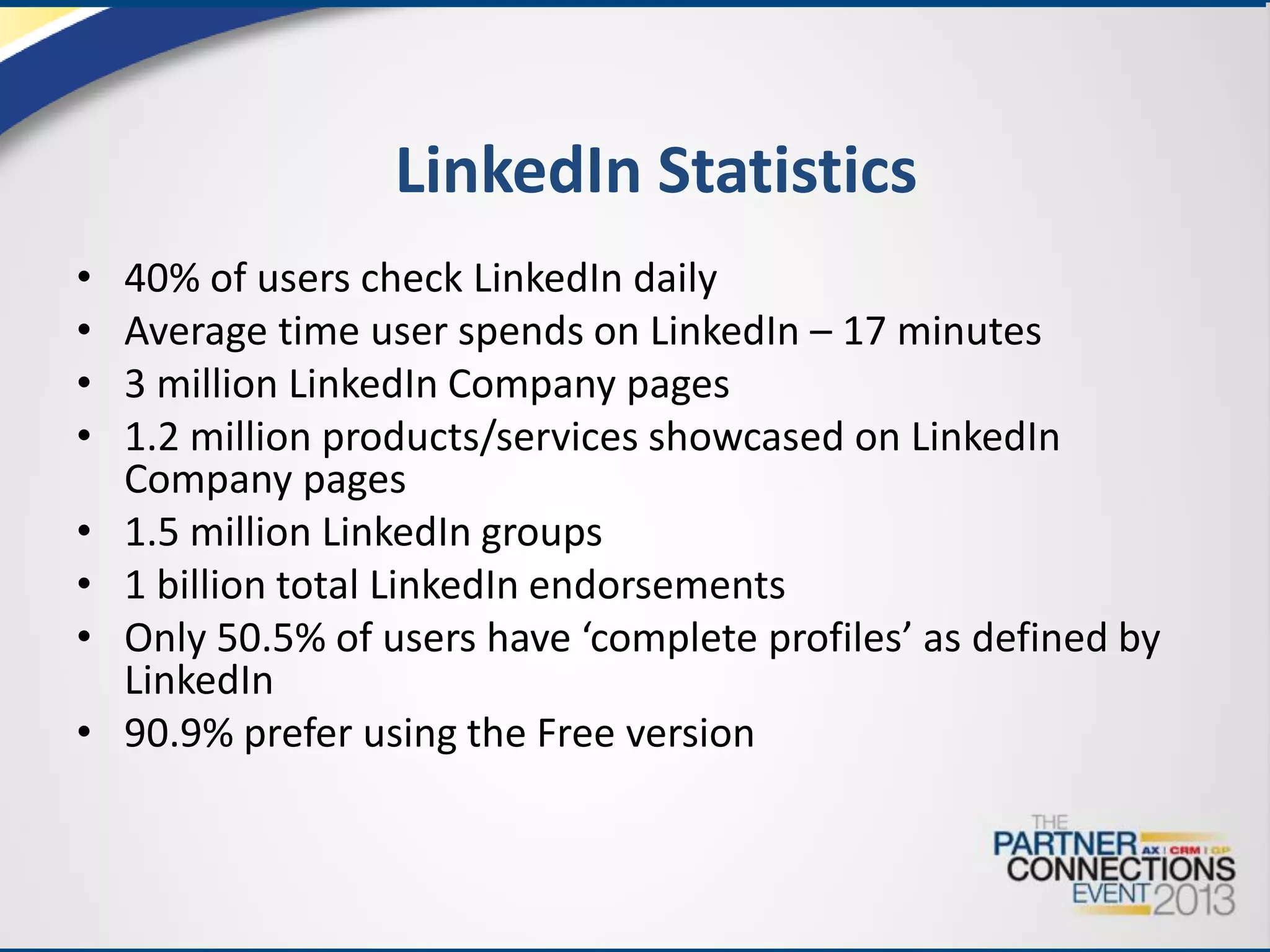 LinkedIn Statistics
•
•
•
•
•
•
•

•

40% of users check LinkedIn daily
Average time user spends on LinkedIn – 17 minutes
3 million LinkedIn Company pages
1.2 million products/services showcased on LinkedIn
Company pages
1.5 million LinkedIn groups
1 billion total LinkedIn endorsements
Only 50.5% of users have ‘complete profiles’ as defined by
LinkedIn
90.9% prefer using the Free version

 