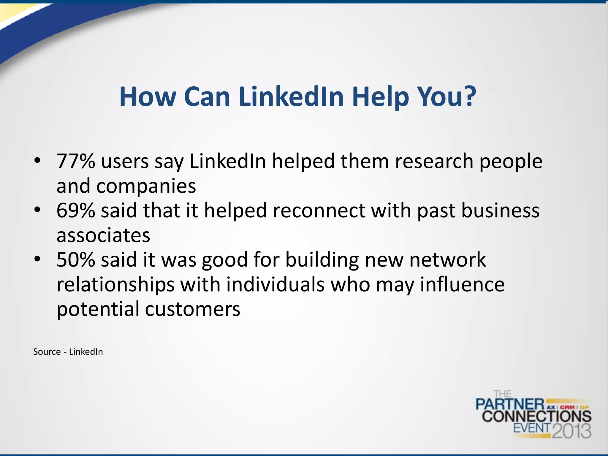 How Can LinkedIn Help You?
• 77% users say LinkedIn helped them research people
and companies
• 69% said that it helped reconnect with past business
associates
• 50% said it was good for building new network
relationships with individuals who may influence
potential customers
Source - LinkedIn

 