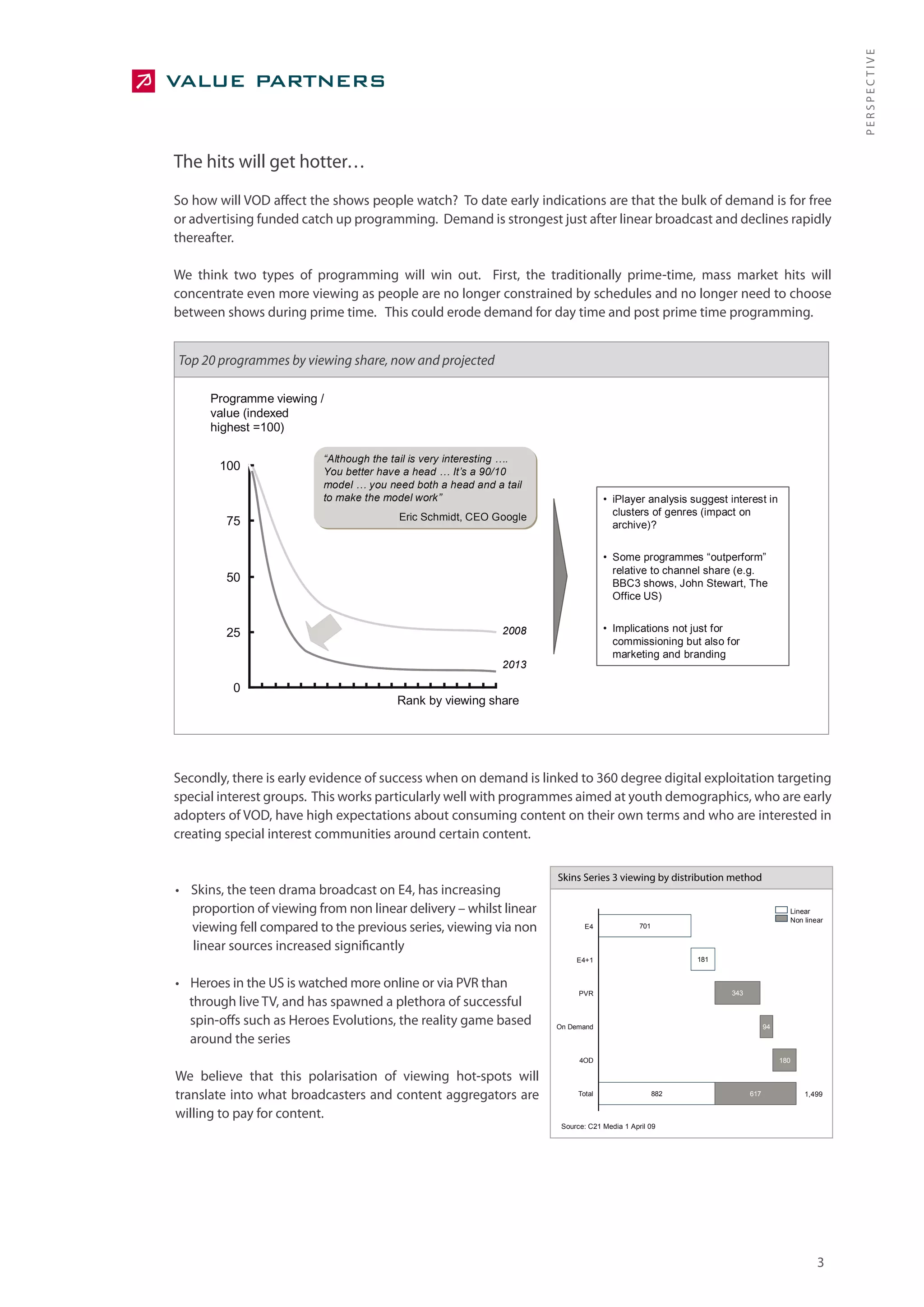 PERSPECTIVE
The hits will get hotter…
So how will VOD affect the shows people watch? To date early indications are that the bulk of demand is for free
or advertising funded catch up programming. Demand is strongest just after linear broadcast and declines rapidly
thereafter.

We think two types of programming will win out. First, the traditionally prime-time, mass market hits will
concentrate even more viewing as people are no longer constrained by schedules and no longer need to choose
between shows during prime time. This could erode demand for day time and post prime time programming.


Top 20 programmes by viewing share, now and projected

      Programme viewing /
      value (indexed
      highest =100)

                          “Although the tail is very interesting ….
       100                You better have a head … It’s a 90/10
                          model … you need both a head and a tail
                          to make the model work”                                   • iPlayer analysis suggest interest in
                                         Eric Schmidt, CEO Google                     clusters of genres (impact on
         75                                                                           archive)?


                                                                                    • Some programmes “outperform”
                                                                                      relative to channel share (e.g.
         50                                                                           BBC3 shows, John Stewart, The
                                                                                      Office US)


         25                                                   2008                  • Implications not just for
                                                                                      commissioning but also for
                                                                                      marketing and branding
                                                              2013

          0
                                         Rank by viewing share




Secondly, there is early evidence of success when on demand is linked to 360 degree digital exploitation targeting
special interest groups. This works particularly well with programmes aimed at youth demographics, who are early
adopters of VOD, have high expectations about consuming content on their own terms and who are interested in
creating special interest communities around certain content.

                                                                      Skins Series 3 viewing by distribution method
• Skins, the teen drama broadcast on E4, has increasing
  proportion of viewing from non linear delivery – whilst linear                                                                   Linear
                                                                                                                                   Non linear
  viewing fell compared to the previous series, viewing via non               E4              701


  linear sources increased significantly
                                                                           E4+1                           181


• Heroes in the US is watched more online or via PVR than
                                                                            PVR                                 343
  through live TV, and has spawned a plethora of successful
  spin-offs such as Heroes Evolutions, the reality game based         On Demand                                             94

  around the series
                                                                            4OD                                                  180

We believe that this polarisation of viewing hot-spots will
translate into what broadcasters and content aggregators are                Total                   882               617              1,499

willing to pay for content.
                                                                       Source: C21 Media 1 April 09




                                                                                                                                           3
 