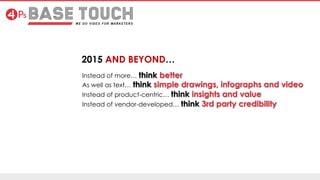 Instead of more… think better
As well as text… think simple drawings, infographs and video
Instead of product-centric… think insights and value
Instead of vendor-developed… think 3rd party credibility
 
2015 AND BEYOND…
 