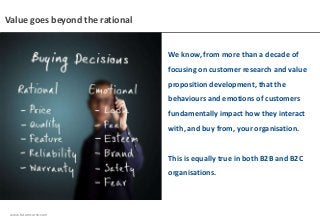 www.futurecurve.com
Value goes beyond the rational
We know, from more than a decade of
focusing on customer research and value
proposition development, that the
behaviours and emotions of customers
fundamentally impact how they interact
with, and buy from, your organisation.
This is equally true in both B2B and B2C
organisations.
 