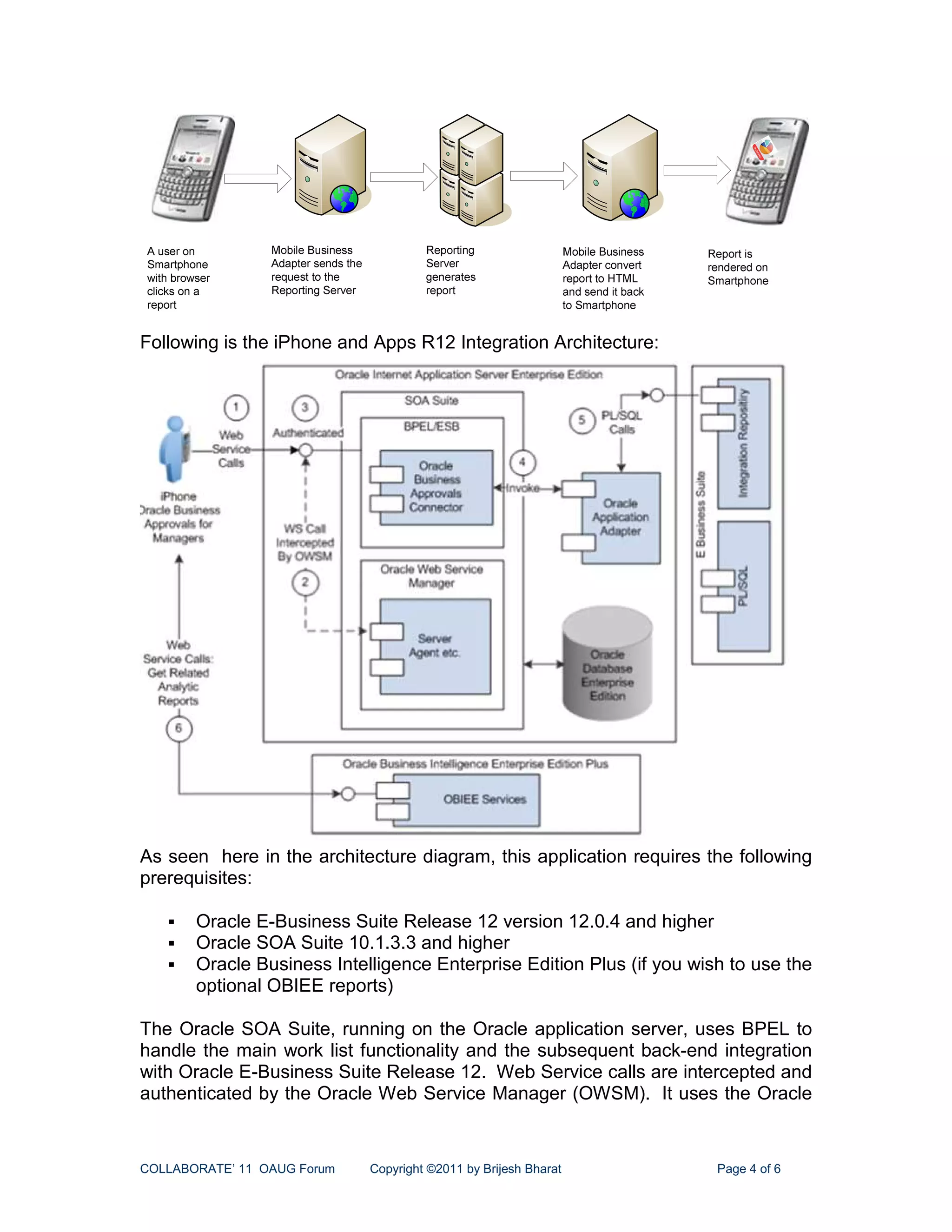 Following is the iPhone and Apps R12 Integration Architecture:




As seen here in the architecture diagram, this application requires the following
prerequisites:

       Oracle E-Business Suite Release 12 version 12.0.4 and higher
       Oracle SOA Suite 10.1.3.3 and higher
       Oracle Business Intelligence Enterprise Edition Plus (if you wish to use the
       optional OBIEE reports)

The Oracle SOA Suite, running on the Oracle application server, uses BPEL to
handle the main work list functionality and the subsequent back-end integration
with Oracle E-Business Suite Release 12. Web Service calls are intercepted and
authenticated by the Oracle Web Service Manager (OWSM). It uses the Oracle


COLLABORATE’ 11 OAUG Forum   Copyright ©2011 by Brijesh Bharat         Page 4 of 6
 