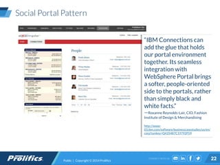 CONNECT WITH US:
Social Portal Pattern
Public | Copyright © 2014 Prolifics 22
“IBM Connections can
add the glue that holds
our portal environment
together. Its seamless
integration with
WebSphere Portal brings
a softer, people-oriented
side to the portals, rather
than simply black and
white facts.”
—Roxanne Reynolds-Lair, CIO, Fashion
Institute of Design & Merchandising
http://www-
03.ibm.com/software/businesscasestudies/us/en/
corp?synkey=Q435487C19792P59
 