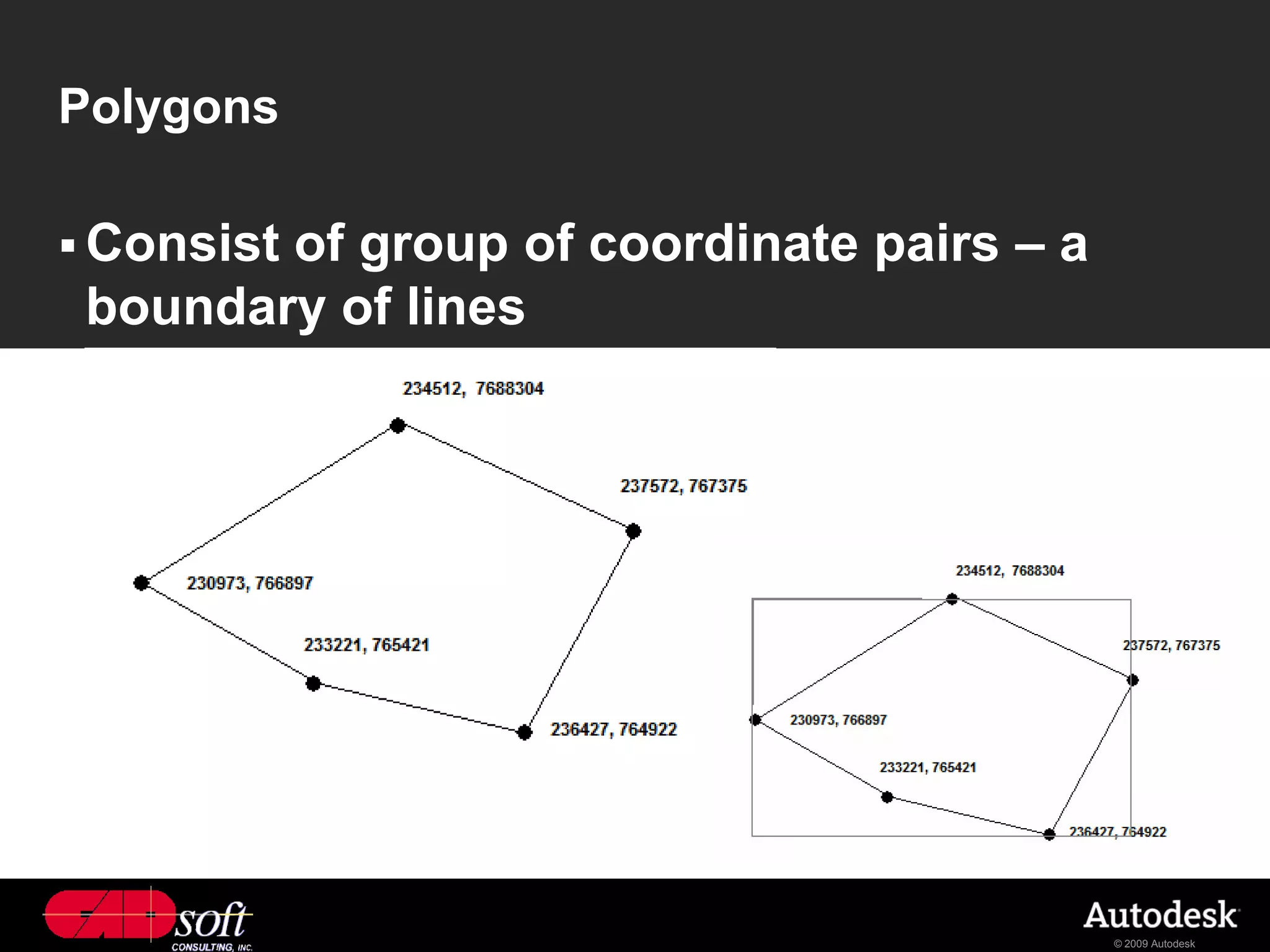 Polygons

        of group of coordinate pairs – a
 Consist
 boundary of lines




                                           © 2009 Autodesk
 