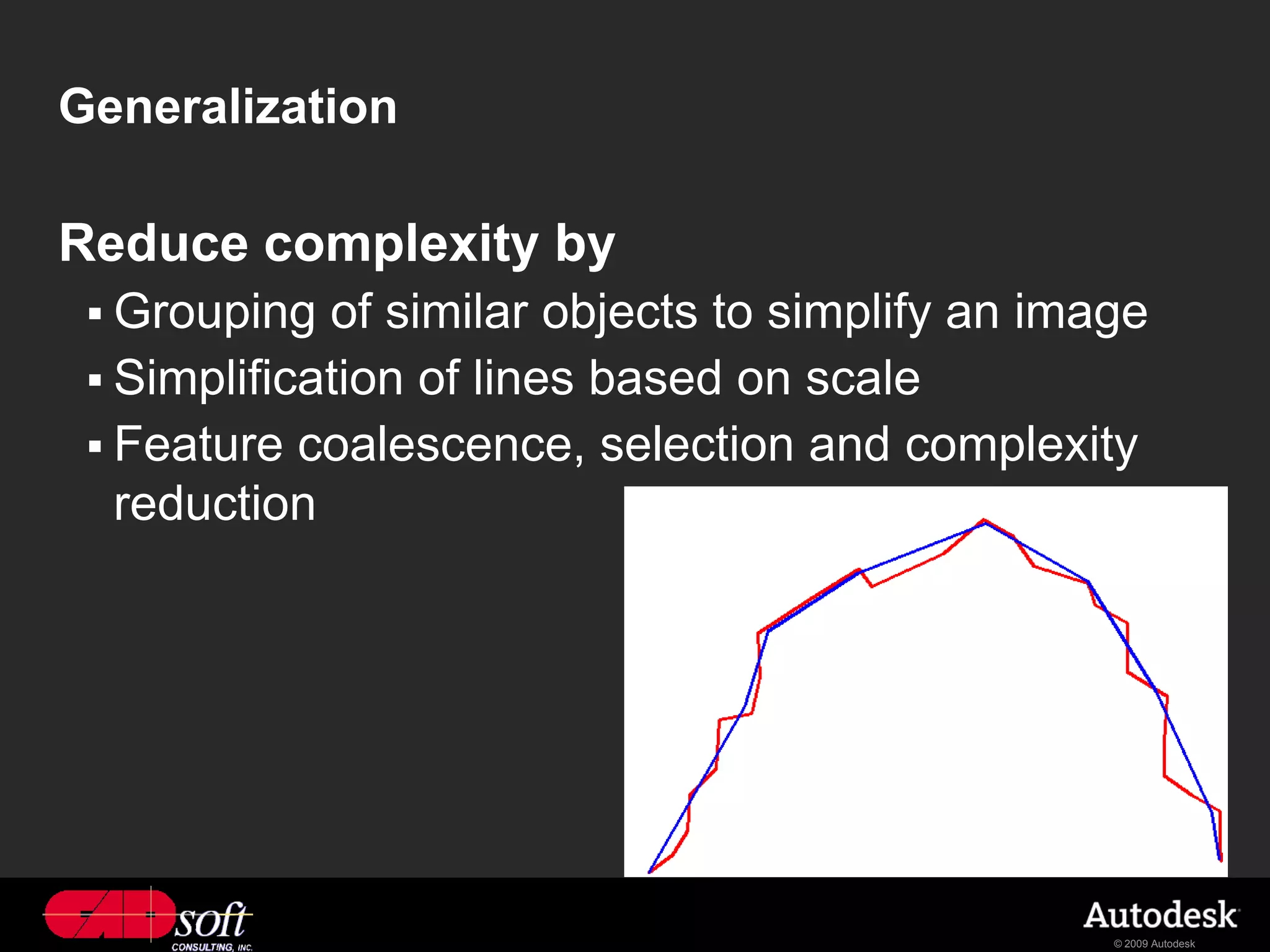 Generalization

Reduce complexity by
  Grouping  of similar objects to simplify an image
  Simplification of lines based on scale
  Feature coalescence, selection and complexity
   reduction




                                                  © 2009 Autodesk
 