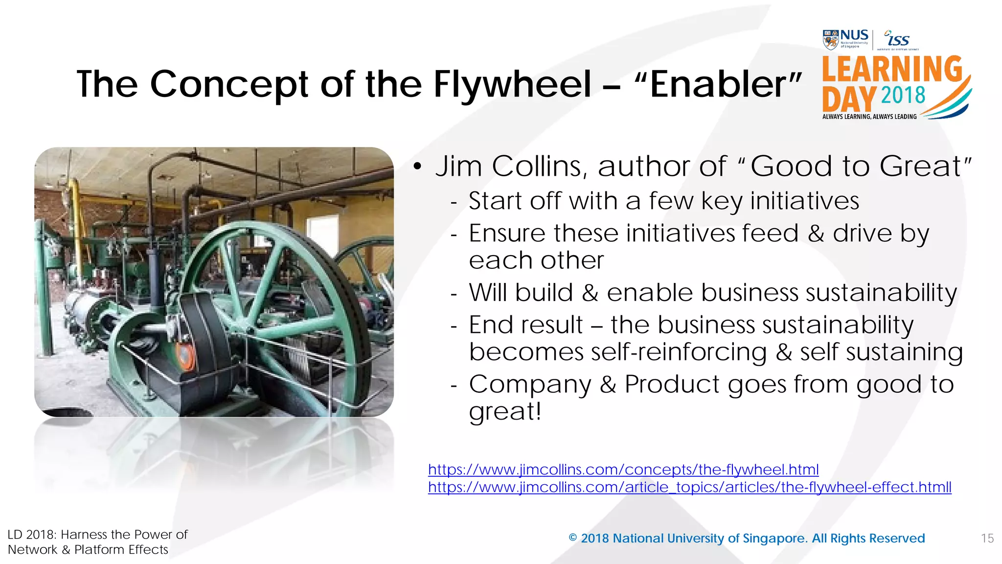 The Concept of the Flywheel – “Enabler”
15
https://www.jimcollins.com/concepts/the-flywheel.html
https://www.jimcollins.com/article_topics/articles/the-flywheel-effect.htmll
LD 2018: Harness the Power of
Network & Platform Effects
© 2018 National University of Singapore. All Rights Reserved
• Jim Collins, author of “Good to Great”
- Start off with a few key initiatives
- Ensure these initiatives feed & drive by
each other
- Will build & enable business sustainability
- End result – the business sustainability
becomes self-reinforcing & self sustaining
- Company & Product goes from good to
great!
 