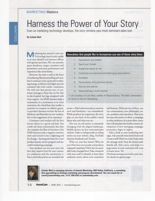 Harness the power of your story by colette weil, home care magazine, reprinted with permission by home care magazine, cahaba media group