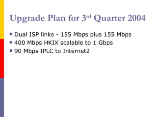 Upgrade Plan for 3 rd  Quarter 2004 Dual ISP links - 155  Mbps  plus 155 Mbps 400 Mbps HKIX scalable to 1 Gbps 90  Mbps IPLC to Internet2 