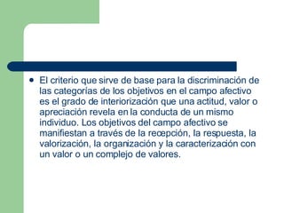 El criterio que sirve de base para la discriminación de las categorías de los objetivos en el campo afectivo es el grado de interiorización que una actitud, valor o apreciación revela en la conducta de un mismo individuo. Los objetivos del campo afectivo se manifiestan a través de la recepción, la respuesta, la valorización, la organización y la caracterización con un valor o un complejo de valores.  