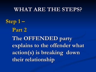 WHAT ARE THE STEPS?

Step 1 –
   Part 2
   The OFFENDED party
   explains to the offender what
   action(s) is breaking down
   their relationship
 