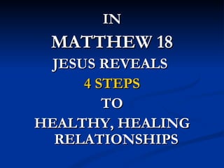 IN
 MATTHEW 18
  JESUS REVEALS
      4 STEPS
         TO
HEALTHY, HEALING
  RELATIONSHIPS
 