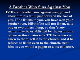 A Brother Who Sins Against You
 15"If your brother sins against you, go and
  show him his fault, just between the two of
  you. If he listens to you, you have won your
  brother over. 16But if he will not listen, take
  one or two others along, so that 'every
  matter may be established by the testimony
  of two or three witnesses.'17If he refuses to
  listen to them, tell it to the church; and if he
  refuses to listen even to the church, treat
  him as you would a pagan or a tax collector.
   
 