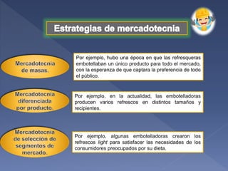 Por ejemplo, hubo una época en que las refresqueras
embotellaban un único producto para todo el mercado,
con la esperanza de que captara la preferencia de todo
el público.
Por ejemplo, en la actualidad, las embotelladoras
producen varios refrescos en distintos tamaños y
recipientes.
Por ejemplo, algunas embotelladoras crearon los
refrescos light para satisfacer las necesidades de los
consumidores preocupados por su dieta.
 