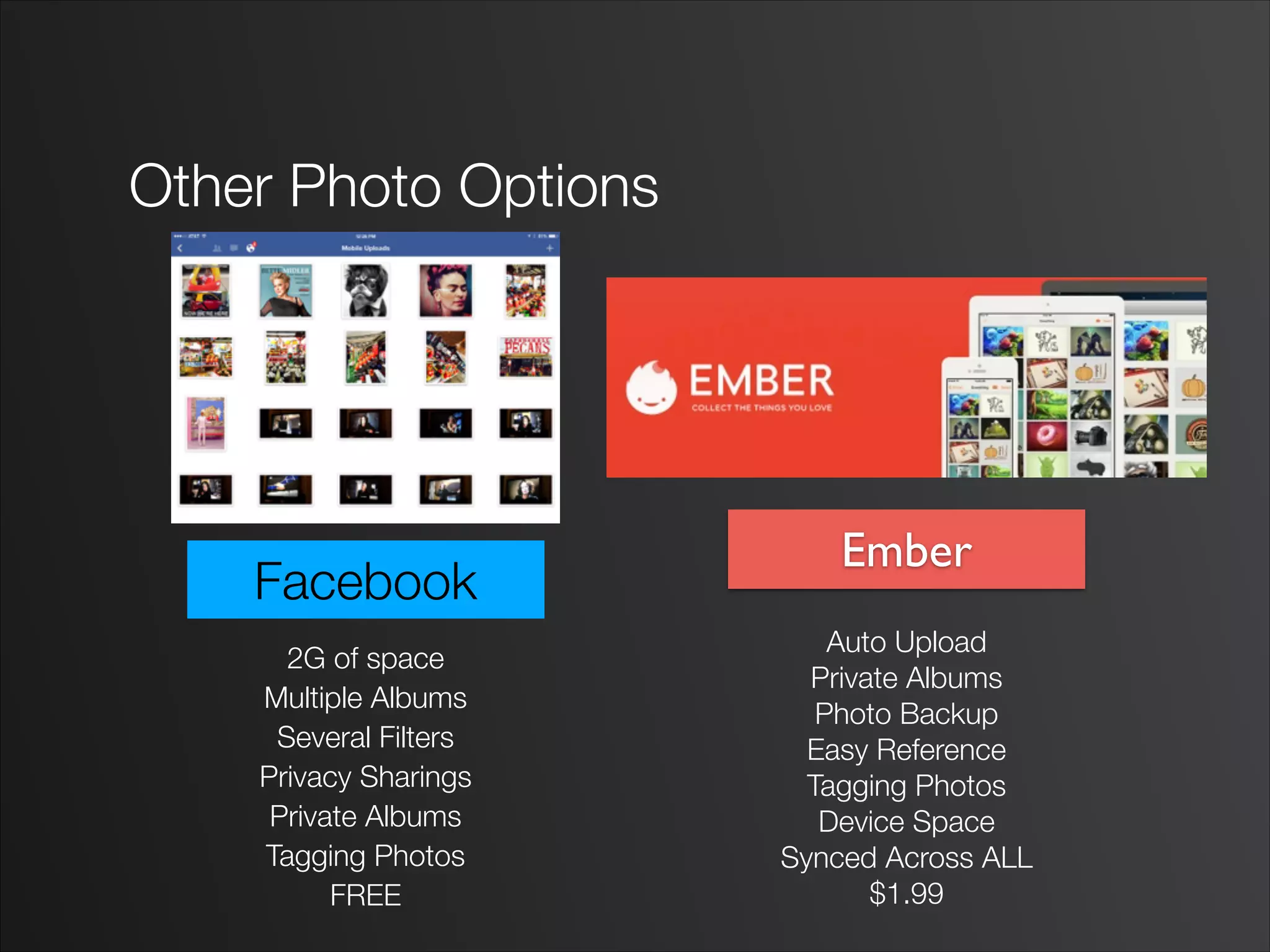 Other Photo Options
Facebook
Ember
Auto Upload
Private Albums
Photo Backup
Easy Reference
Tagging Photos
Device Space
Synced Across ALL
$1.99
2G of space
Multiple Albums
Several Filters
Privacy Sharings
Private Albums
Tagging Photos
FREE
 
