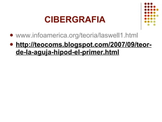 CIBERGRAFIA www.infoamerica.org/teoria/laswell1.html http://teocoms.blogspot.com/2007/09/teor-de-la-aguja-hipod-el-primer.html
