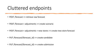 Cluttered endpoints
• POST /forecast => retrieve raw forecast
• POST /forecast + adjustments => create scenario
• POST /forecast + adjustments + new stores => create new store forecast
• PUT /forecast/{forecast_id} => create candidate
• PUT /forecast/{forecast_id} => create submission
 